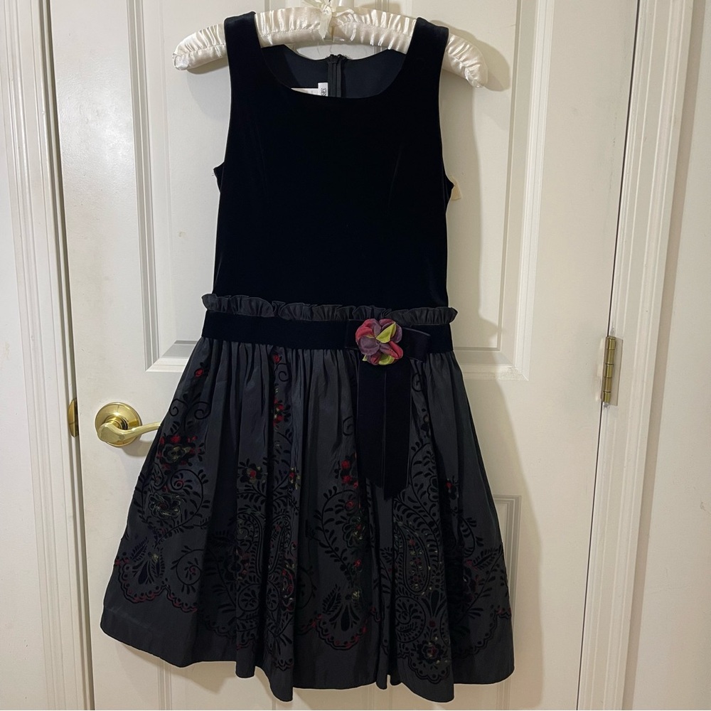 Bonnie Jean Girls Black Velvet & Floral Paisley Taffeta Dress